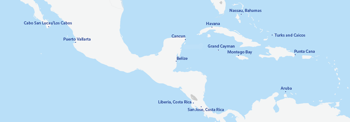 Un mapa con los 14 destinos internacionales a los que vuela Southwest Airlines. Entre ellos se incluyen: Aruba, Belice, Cabo San Lucas/Los Cabos, Cancún, Gran Caimán, La Habana, Liberia, Montego Bay, Nassau, Puerto Vallarta, Punta Cana, San José, Costa Rica e Islas Turcas y Caicos.